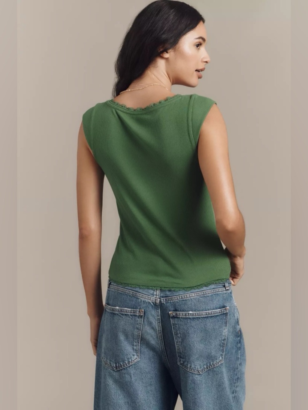 NWT Anthropologie Maeve Lace-Trim Cap-Sleeve Shirt Juniper Green Cotton Modal S - Picture 2 of 7